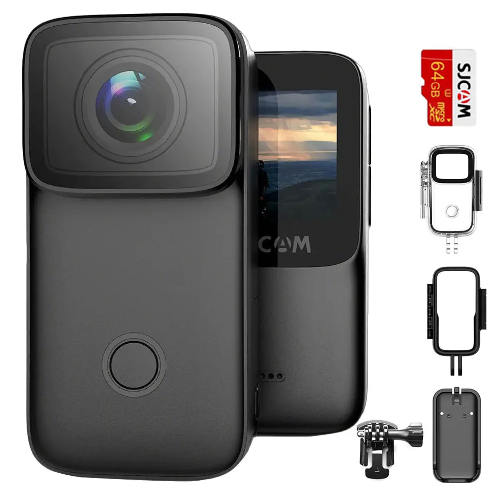 SJCAM C200 4K Action Camera with 64G Card, Long-Lasting 180 Mins ,POV Pocket Camera,Waterproof, 6-Axis Stabilization, 154° Wide FOV Wearable Portable Vlogging Camera, Built-in Spkr & Mic for Vlogging,with Helmet Mount Kits