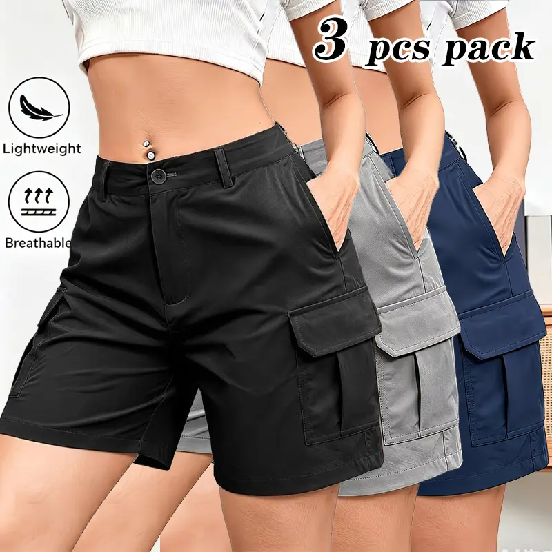 3-pack new women’s cargo shorts—lightweight summer cargo shorts with multiple pockets on both sides, front button closure and elastic waistband at the back; suitable for everyday commuting, casual wear, outdoor activities, vacations.