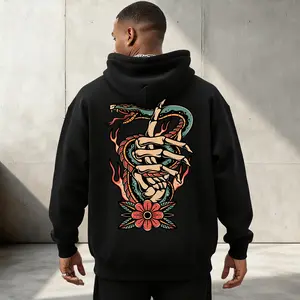 Men's Vintage Tattoo Graphic Hoodie - Golden Skeleton Hand & Snake Design, Denim-Infused Cotton Fabric, Ribbed Hem, Slimming Casual Fit, Aesthetic Minimalist Bold Gothic Vibe, Ideal for Tattoo Enthusiasts, Urban Street Essential