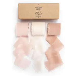 Pink Handmade Chiffon Silk Ribbon Fringe 1.5" x 21 Yd Blush Pink & White Frayed Edges Ribbons for Wedding Invitations Bridal Bouquets Gifts Wrapping Crafts Holiday Party Decorations