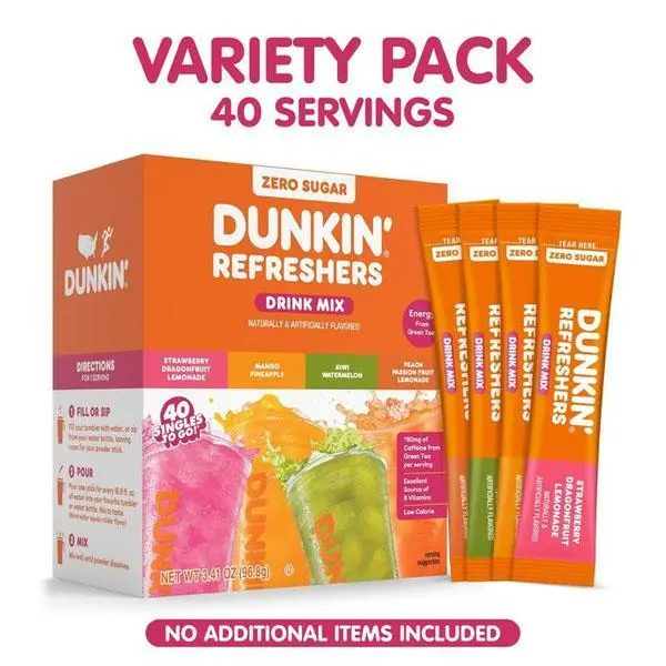 Dunkin Zero Sugar Refreshers Singles To Go! Powdered Drink Mix, 40 Ct Variety Pack, Energy from Green Tea, Aspartame-Free, Just Add Water
