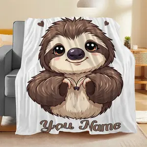 Personalized Name Blanket Custom Text Cartoon Sloth Print Soft Flannel Fleece Throw Kids Baby Nursery Decor Bedding Warm Cozy Couch Sofa Cover Unique Customized Item