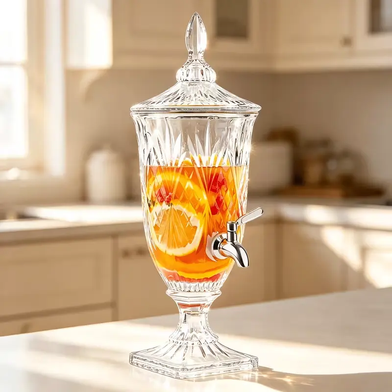 0.8 Gal/ 3 L Glass Drink Dispenser with Stainless Steel Spigot & Glass Pedestal, Cold Beverage Dispenser for Water, Juice, Punch, Lemonade, Decorative Mason Drink Dispenser for Home, BBQ, Picnic, Pool Party, And Social Events