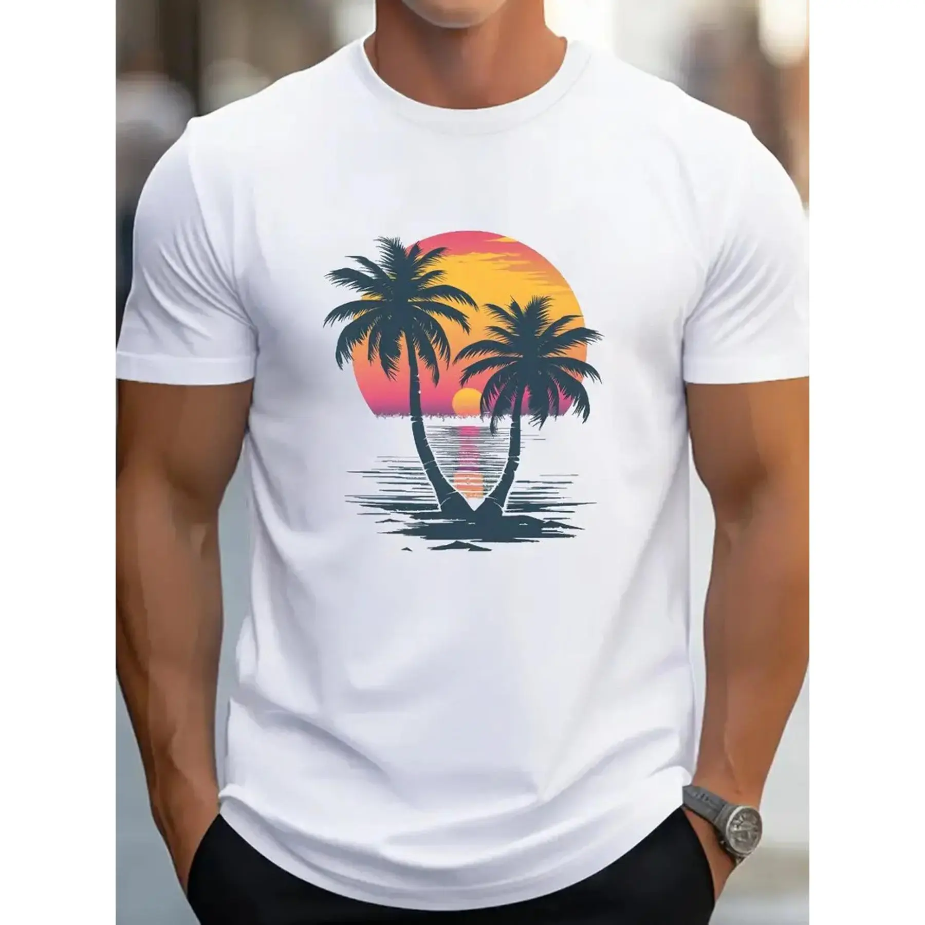 Men's Street Style Tropical Print T-Shirt, Regular Short Sleeve Crew Neck Pull On Casual Knit Top with a Loose Fit, Heat Print, Round Neck, Cotton, Dry Clean, Street Wear, Short Sleeve Tee, Heat Printed