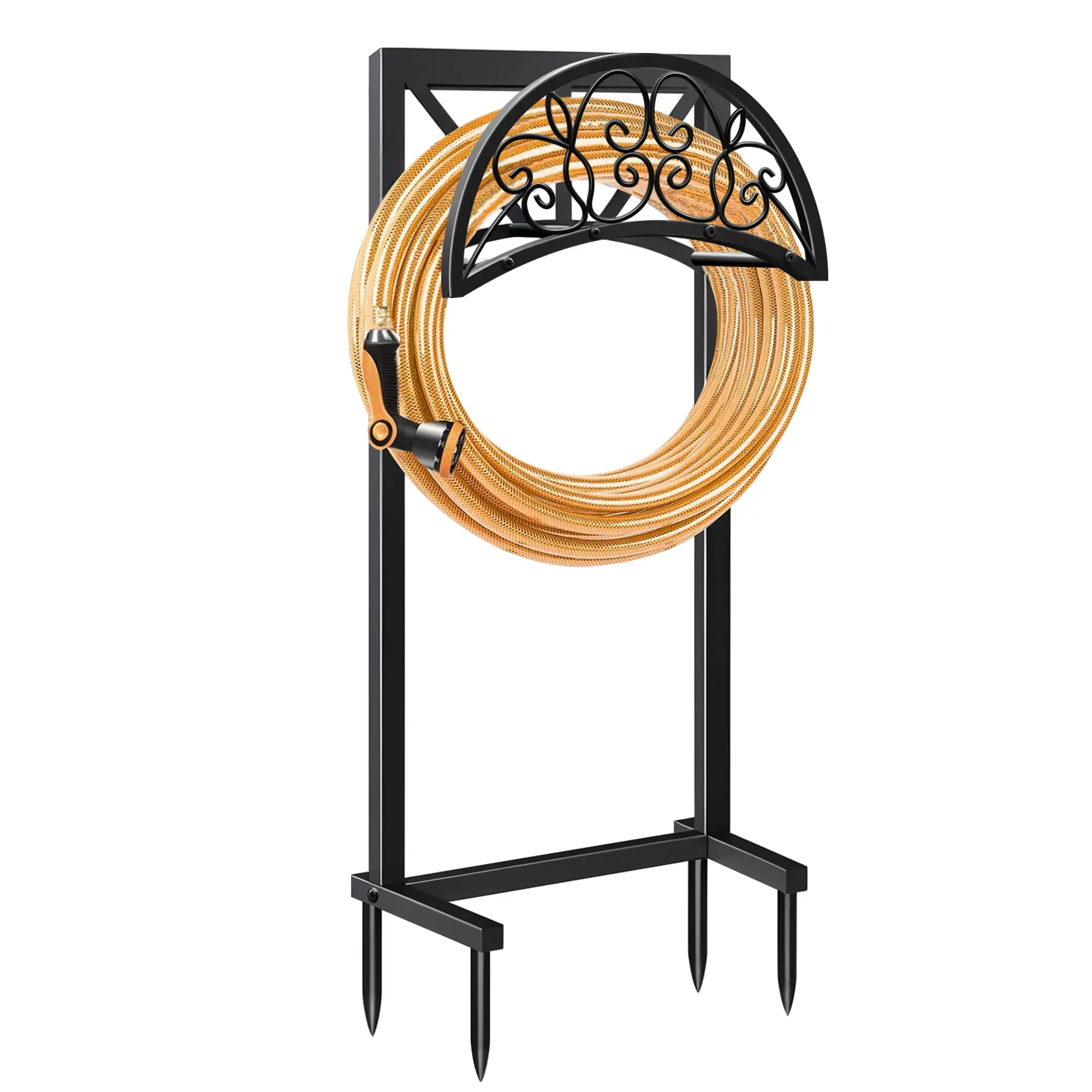 Black Metal Freestanding Garden Hose Holder - Rust-Resist Metal, Sturdy Outdoor Solution, Heavy-Duty with Stability Spikes, Ideal for Lawn, Patio Beds