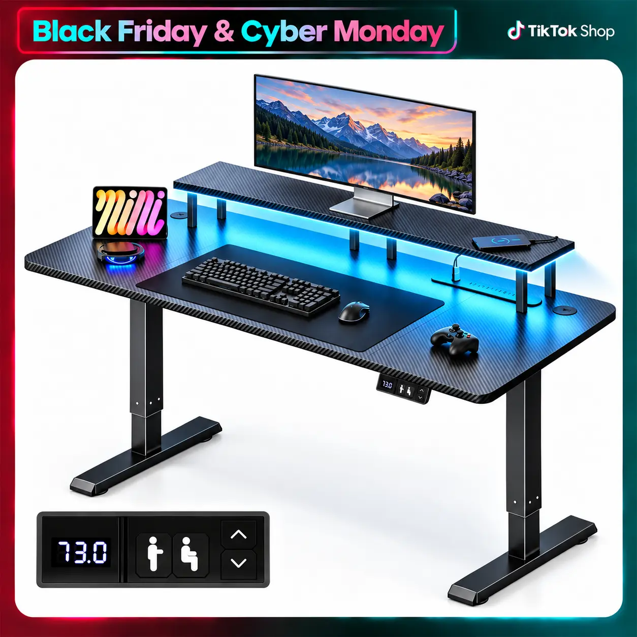 Electric Standing Desk with Power Outlets & USB Ports, Height Adjustable Sit-Stand Computer Desk with 2 Memory Presets for Home Office & Gaming, carbon fiber surface,  small  home  office familyfun