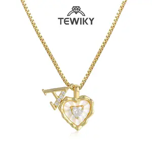 Tewiky Gold Box Chain Scalloped Shell Heart CZ Initial Necklace A–Z Micro Pave Letter Pendant For Valentine's Day gifts summerwins