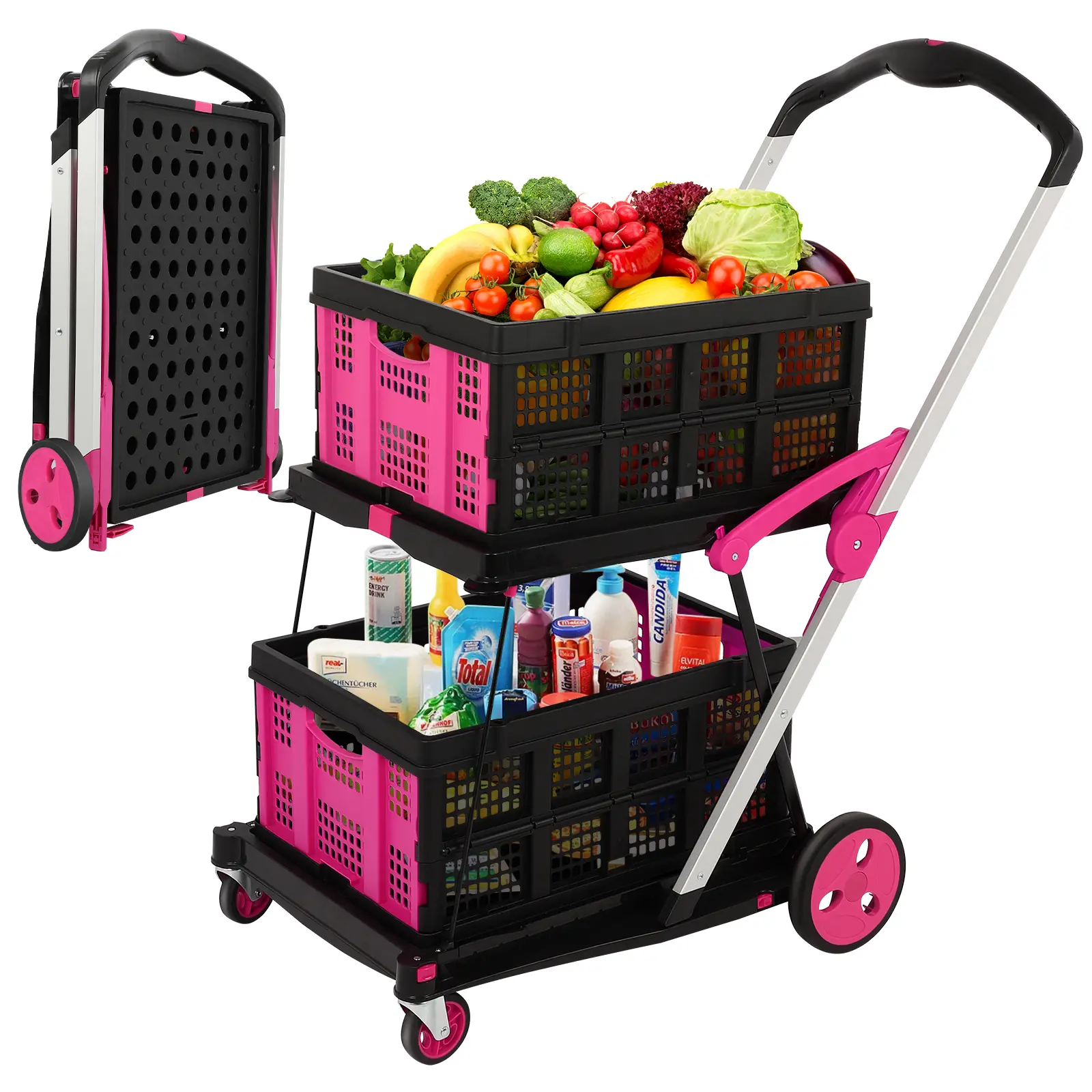 Foldable Utility Cart with Wheels,Folding Cart for Cosmetic Organizer,Grocery,Office,Warehouse,Garden, Double Layers Foldable Shopping Cart,Folding Trolley for Luggage Heavy Duty