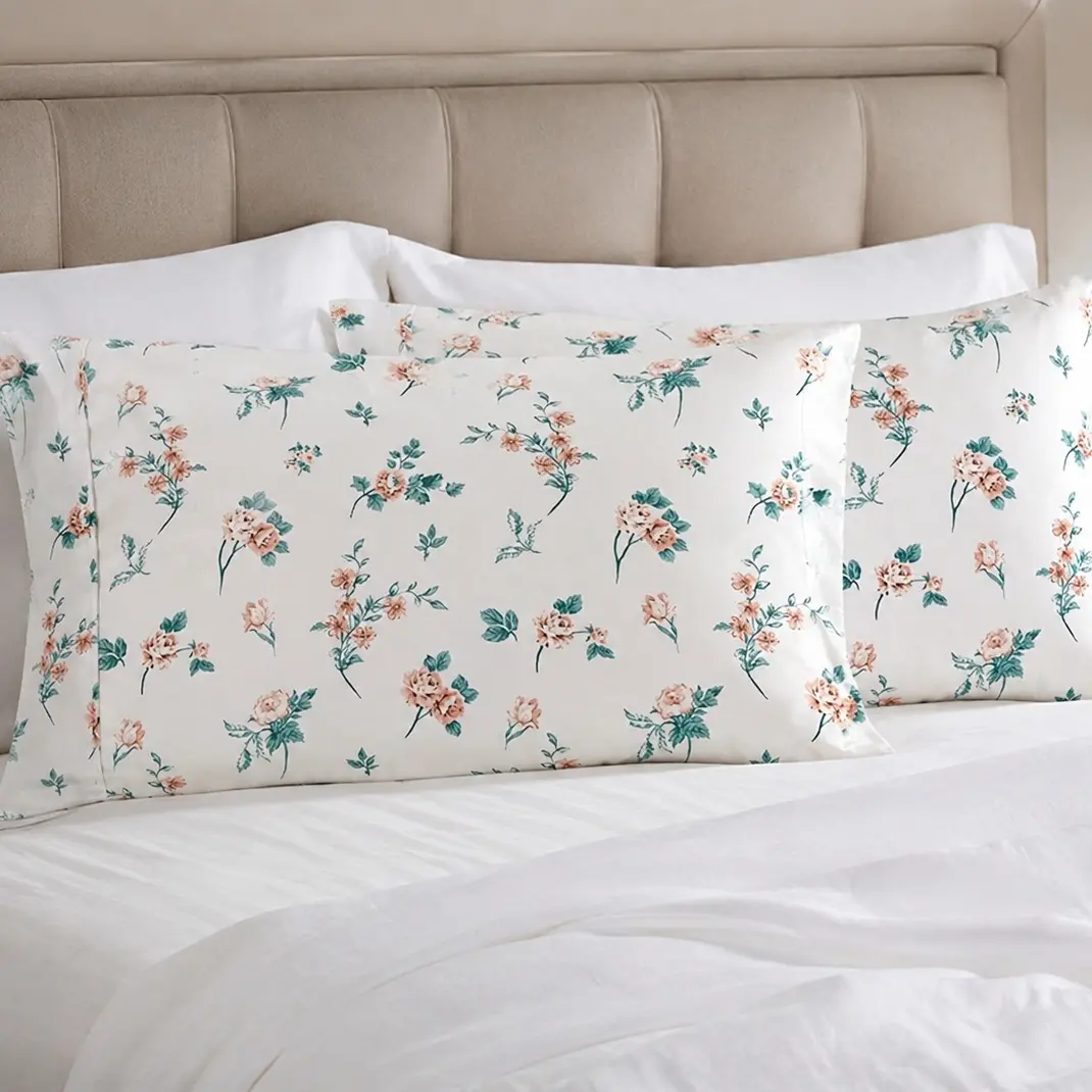 Mocassi Queen Floral and Stripe Pattern Microfibre Pillowcase Set - Hotel Premier Collection, Silky-Smooth, Durable Bedding Accessories, Machine Washable, Floral Bedding