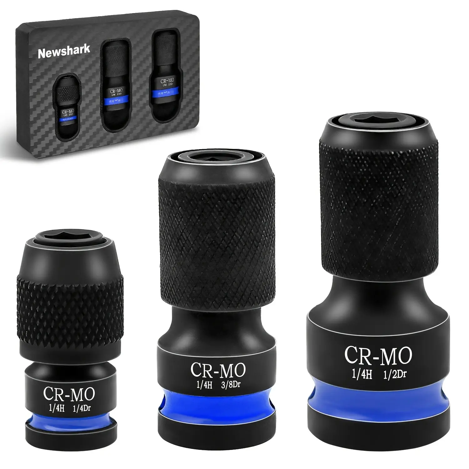 3pcs Heavy Duty Impact Adapter Set, Premium Cr-Mo Steel Square Drive to 1/4" Hex Shank Converter, Quick Release Socket Tool Kit with Organized Storage Case (1/2" 3/8" 1/4") Storage Box