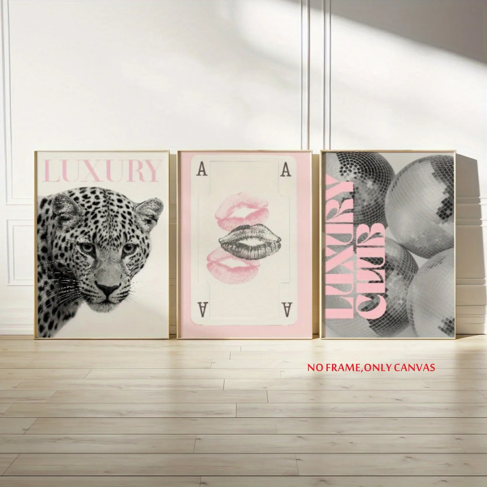 3-Piece Modern Wall Art Set: Pink Leopard Print Lip Prints and Disco Ball Fashion Canvas Unframed Wall Art Poster, Decorative Artwork, Perfect for Home Decor