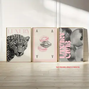 3-Piece Modern Luxury Artistic Wall Art Set: Pink Leopard Print Design Lip Prints and Disco Ball Fashion Canvas Unframed Wall Art Poster Collection, Perfect for Bedroom or Living Room Decor, 2D Flat Decorative Art Decoration, Home Decor Products