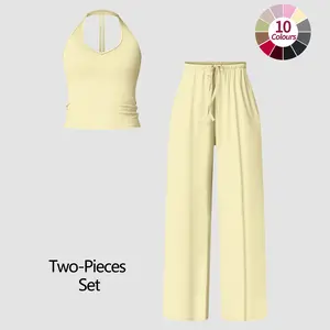 JGS1996 Women's 2-Piece Fitness Suit Seamless Halter Tank Top High-Waist Wide Leg Pants Sports Set Comfortable Breathable Casual Activewear Sporty All-Season Plain Style