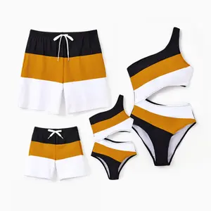 PatPat Family Matching Swimsuit Colorblock Swim Trunks Shorts or Cut Out Waist One-Shoulder One-piece Swimwear Bathing Suit Spingtok