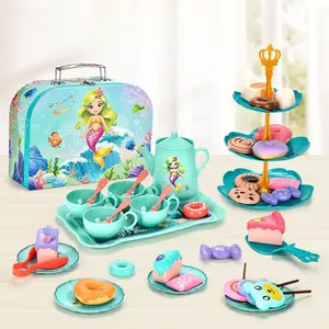 Mermaid Princess Themed Tea Party Set, 45pcs/set Tea Set & Carrying Case, Pretend Play Kitchen Toy, Play Kitchen Accessories, Birthday Gift for Girls