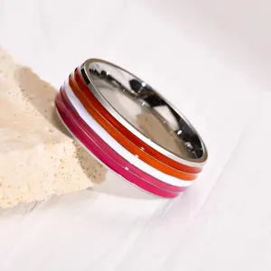 Lesbian Stainless Steel Rings Lesbian Woman Ring Red White Orange Lines Finger Band Pride Love Promise Valentine's Day Gift