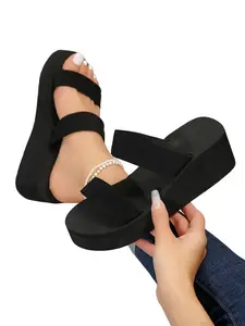 Women's Fashionable Solid Color Black Thick Platform Sandals, Casual Comfortable Wedge Sandals for Summer, Lightweight Breathable Rubber Shoes for Daily Wear, Girl