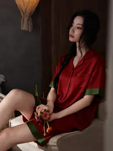 Two-Piece Ice Silk Pajama Set, Elegant Loose-Fit Short Sleeve Sleepwear, Patchwork Design, Spring & Fall, Non-Wrinkle Fabric