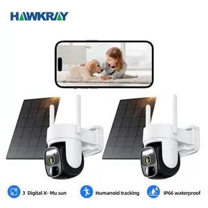 Hawkray 360Solar Security Camera with Spotlight PIR Motion Detection Color Night Vision Two-Way Talk 2K FHD WiFi CCTV IP Security Cam-IP66 Waterproof IR Night Vision Flash Light Connection Wireless 2PC - Card - Remote