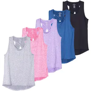 Real Essentials 5 Pack: Women's Crossback Keyhole Open Back Workout Tank Top Dry-Fit Sleeveless Yoga Gym (Available in Plus)