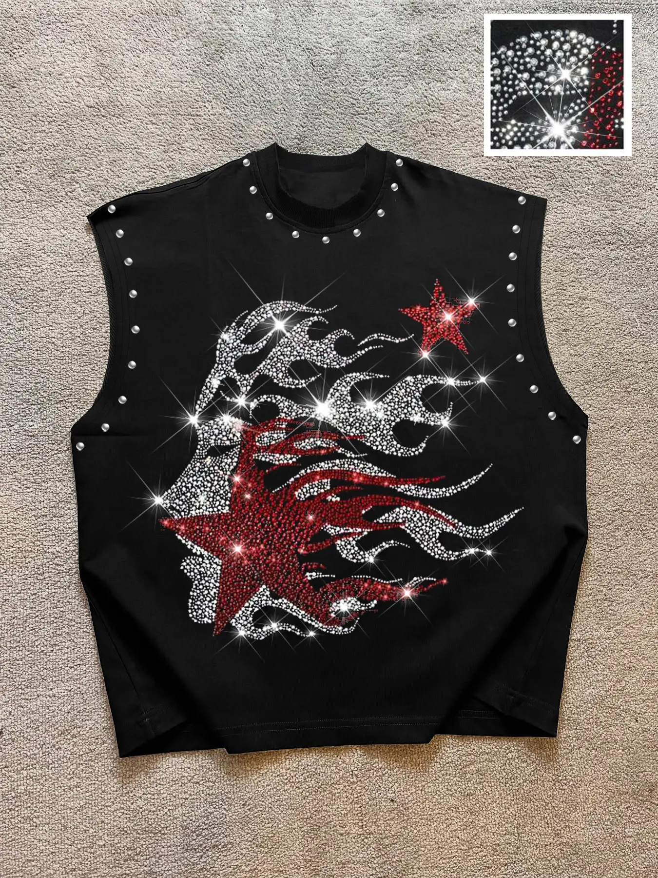 Men's Casual Vest, Sleeveless Clothes, Workout Sleeveless Activewear, with Flame and Star Rhinestone Graphic Print, Regular Fit, Fashionable and Versatile, Perfect for Summer Fitness, Gym or Outdoor Sports