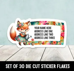 Custom Fox Watering Flowers Die Cut Return Address Labels