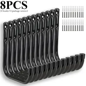 8pcs Heavy Duty for Garage Hooks 50.0LB, J Utility Hooks for Garage Organization, Metal Wall Mount Hooks Heavy Duty, Black Anti-Slip for Garage Storage Hooks for Hanging Tools, Ladder, Extension Cord, Garden Equipment(4 Hooks+4 Package Screws)