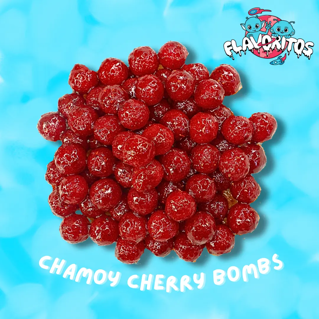 Chamoy Cherry Bombs Chewy Candy Treat - Flavoritos Sweet and Chili Everyday Snack with Dry Coat, Chamoy Packet, Beef Gelatin, and Oil for Youth