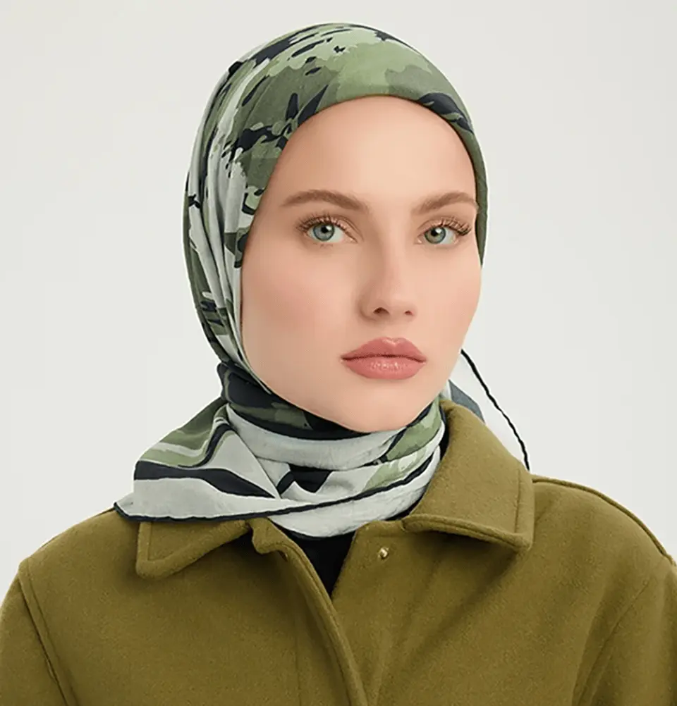 Vierra Viscose Square Hijab - Abstract Flowers Khaki Green