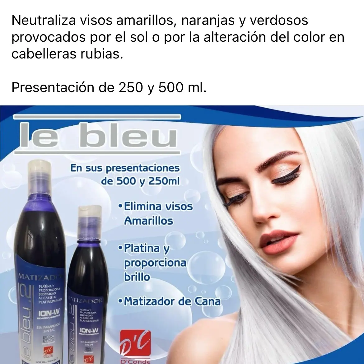 shampoo blue ,usar 1 vez a la semana para eliminar visos naranja ,amarillo y verdosos en cabellos rubio