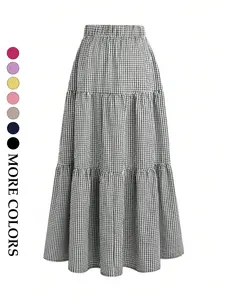 Women's French Style Plaid Cake Skirt, Mid-Waist Elastic Waist Three-Layer A-Line Long Skirt, Casual Everyday Spring Summer Dress, Womenswear