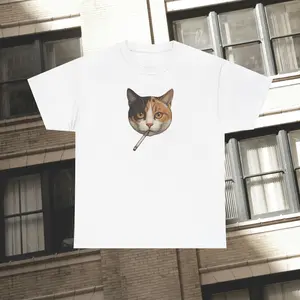 Smoking Calico Cat Unisex Heavy Cotton Tee - Gift for Gen Z Millennials, Indie Fashion Aesthetic, Ironic Humor, Meme Shirt, Pop Culture