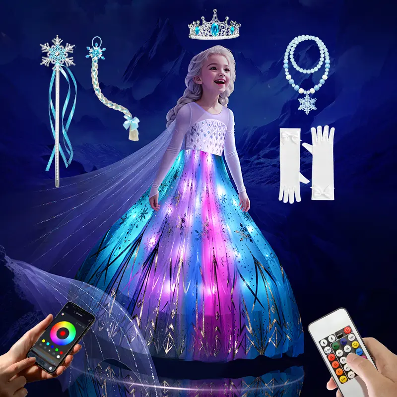 UPORPOR Dress Costume for Girls, Light-Up Polyester Ice Princess Ball Gown with Accessories, 100+ LED Modes & Music Sync for Parties, Ages 3-9, Costume For Parties, All Seasons, 3 - 4 Years, Cosplay Costume