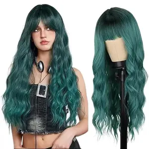 【Flash Sale】Ombre Green Wig with Bangs Long Wavy Wig for Women Synthetic Natural Curly Wig for Daily Cosplay, Holiday, and Travel Use