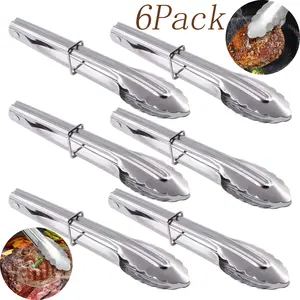 6 Pack 7 Inch Mini Stainless Steel Buffet Serving Tongs,Lightweight Clam Shell Service Tongs with Sliding Locking Ring, Ideal for Desserts, Salads, Barbecue and Family Dinner, Essential Home Kitchen Utensils Set