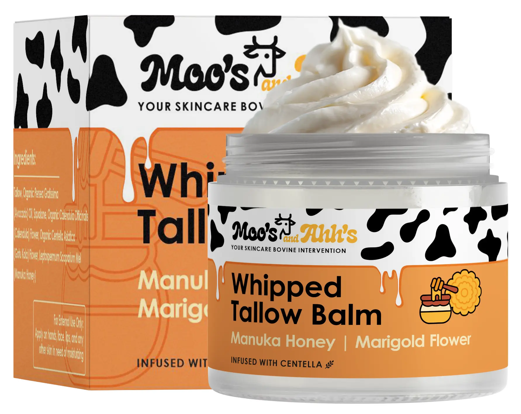 Moo's and Ahh's 100% Natural Whipped Tallow Balm - Beef Tallow for Skin with Organic Centella and Olive Squalane | Grass-Fed Beef Tallow Face & Body Moisturizer for Dry Skin (2 Oz, Manuka Honey + Marigold Flower) Scented Whipped Tallow Balm