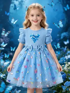 Girls' Blue Butterfly Dress, Summer New Bubble Sleeve Princess Skirt, Sequin Heart Butterfly Mesh Puff Dress, Party, Birthday Gift, Ruffle Dress