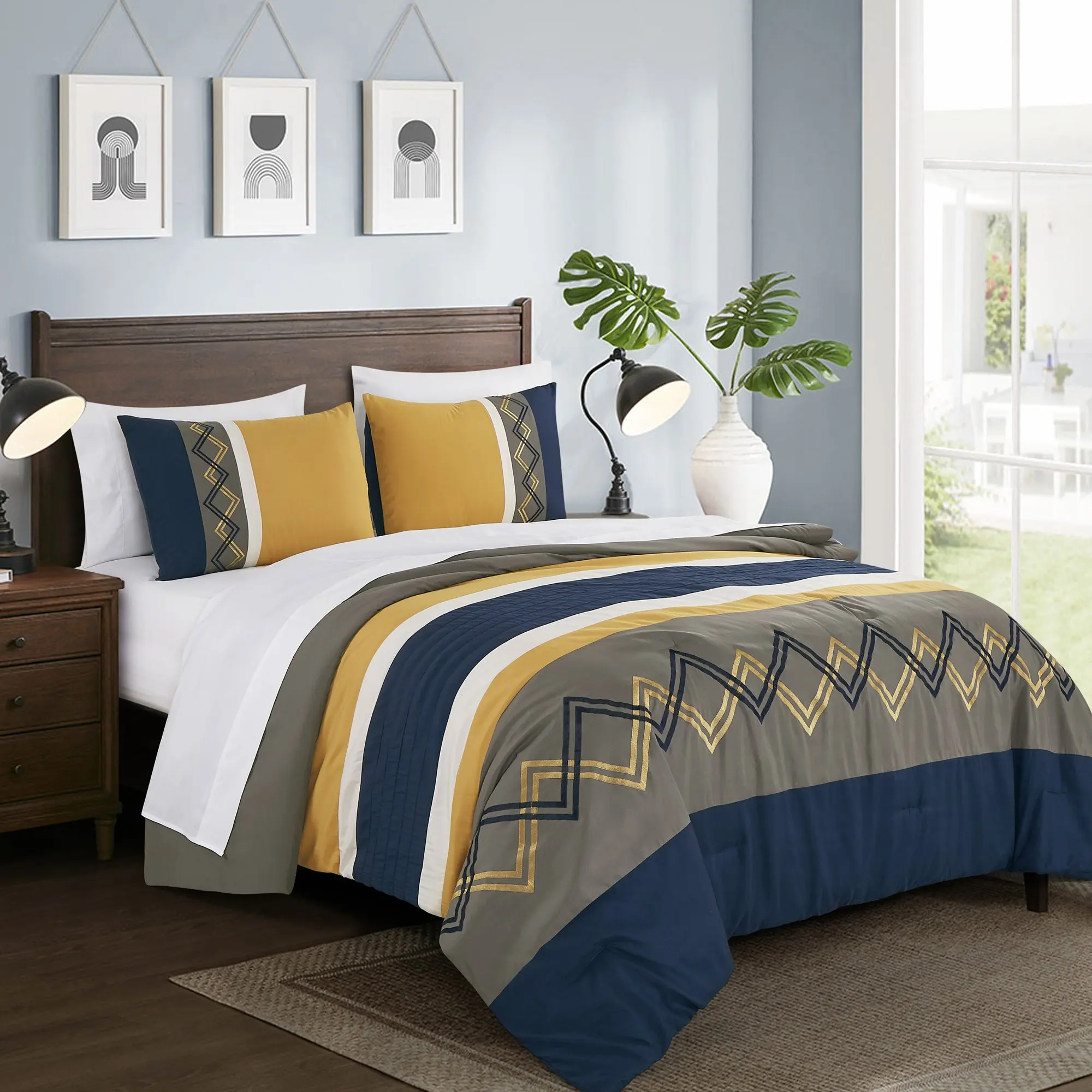 Jaxson 7-Piece Striped Zigzag Embroidery Bed in a Bag Comforter Set
