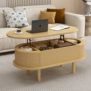 [Bellemave]Fluted Lift Top Coffee Table with Hidden Compartment, Wooden Center Table, Modern Oval Lift Tabletop for Home Living Room Office, Natural Color