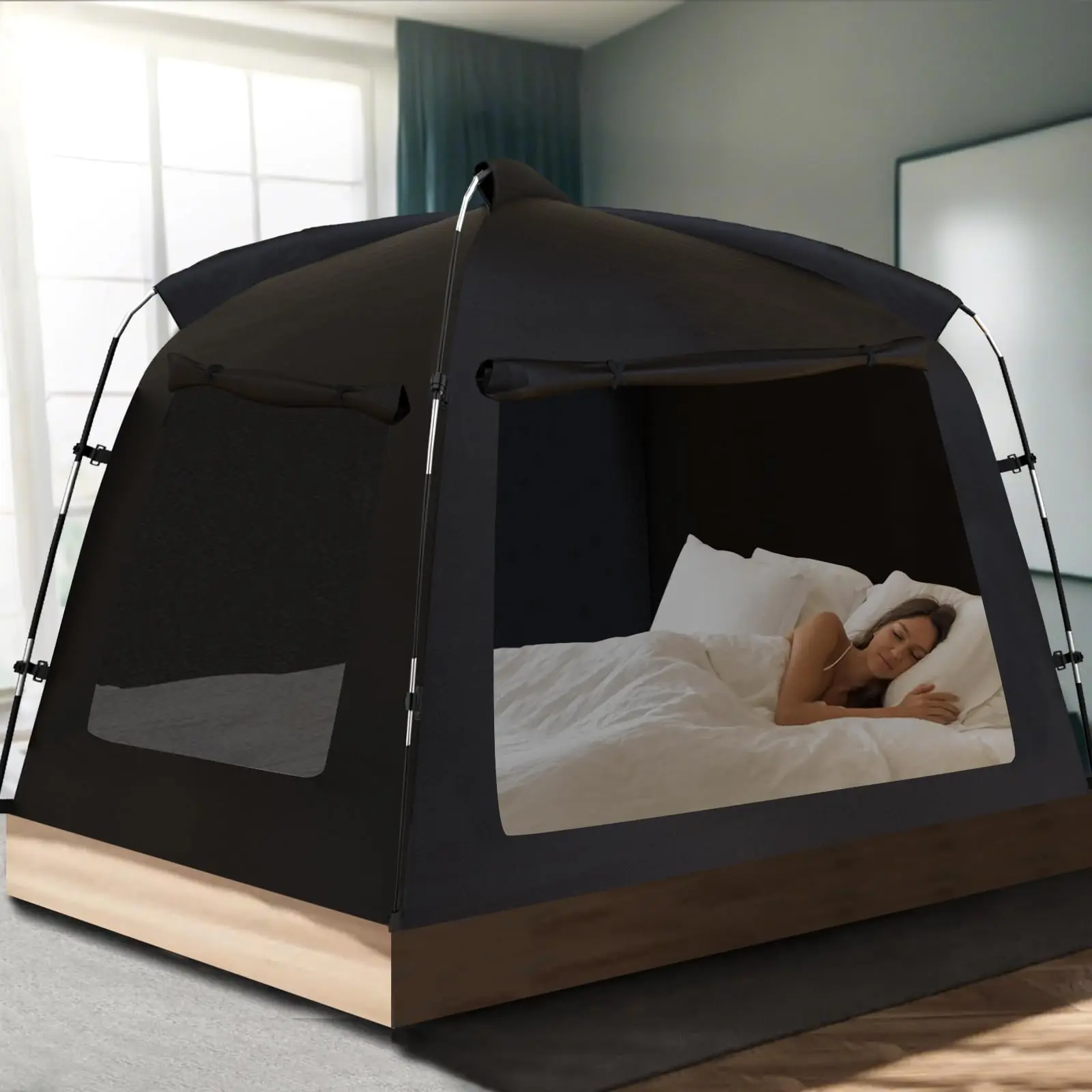 HOMEYA Bed Tent Bed Canopy, Indoor 80% Blackout Privacy Space for Kids, Twin & Full Size, Breathable Mesh Windows, 2 Doors, Internal Phone & Pad Holders