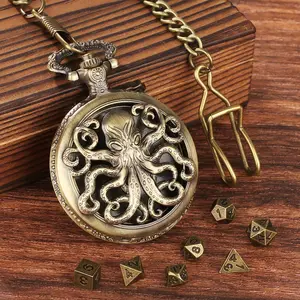 Steampunk Octopus Design Pocket Watch Case with Dice Set, 1 Set Vintage Design Durable Dice Set with Gift Box, Role Playing Board Game Accessories