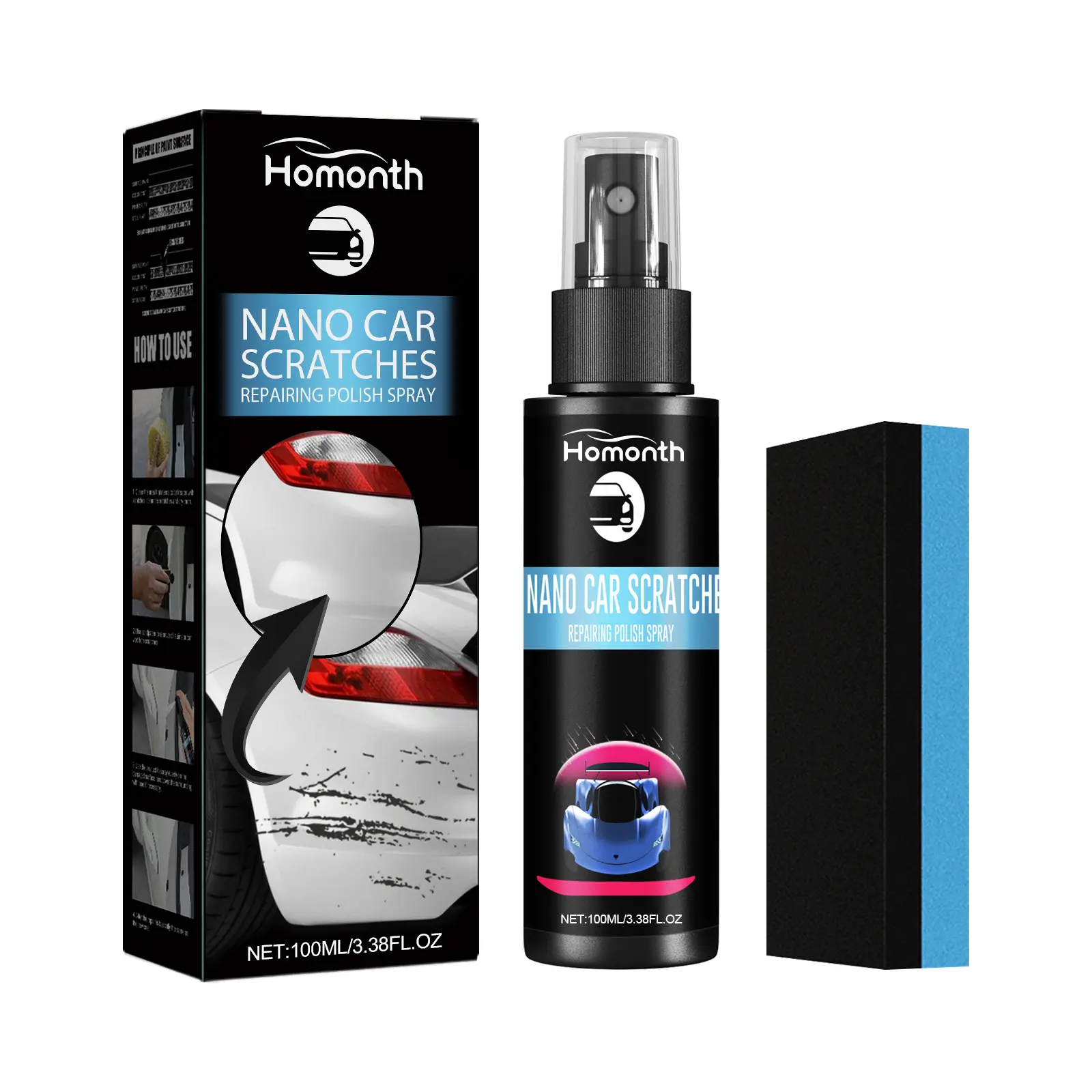 Homonth Nano Car Scratch Repair Spray - Magic Nano Coating for Car Paint Scratch Removal, Instant DIY Solution for Swirl Marks & Scuffs, Clear Coat Restorer with Polysiloxane Formula, 100ml scratch remover kit premium d ly essentia deep scratch repair