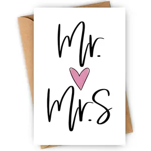 Mr & Mrs Slogan Pattern Greeting Card, 1/3/5 Counts Elegant Floral Wedding Greeting Card with Envelope, Universal Congratulatory Card for Any Recipient