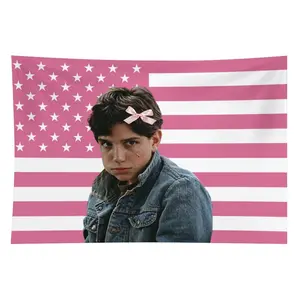 Pink and White American Flag Print Tapestry with Ralph Macchio Movie Poster - Machine-Washable Polyester American Retro Classic Style Light Patriotic Wall Art, Easy-Care Teen Room Decor for Bedrooms Dorms, American Retro Tapestries, Classic Style Tapestri