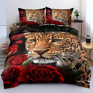2/3 Piece Duvet Cover Set (1 Duvet Cover + 1/2 Pillowcases, Excluding Duvet Insert), Rose Leopard Print Bedding Set, Suitable for Bedroom and Guest Room Leopard Print Duvet Cover