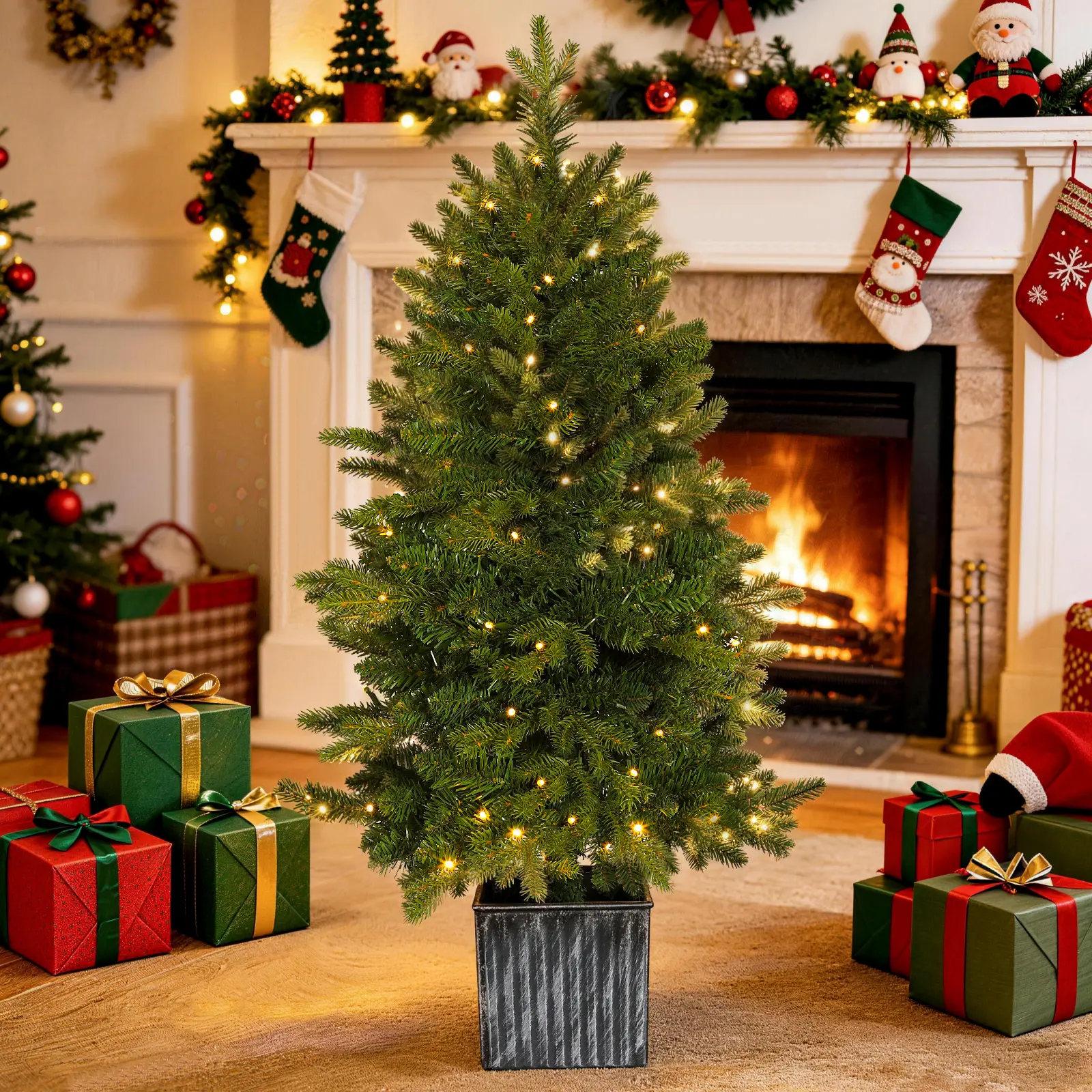 Okicoler 3FT Pre-Lit Artificial Christmas Tree with 80 LED Lights, 11 Lighting Modes, 236 Branch Tips and Detachable Planter Base, Small Indoor Holiday Tree