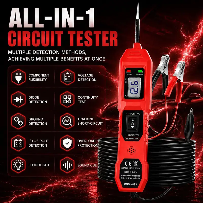 Automotive Electrical Circuit Tester, 6V-24V Power Probe Tester with Digital Voltage Display, LED Test Light, Polarity Testing, Continuity Check & Short Circuit Detection for Cars Trucks SUVs