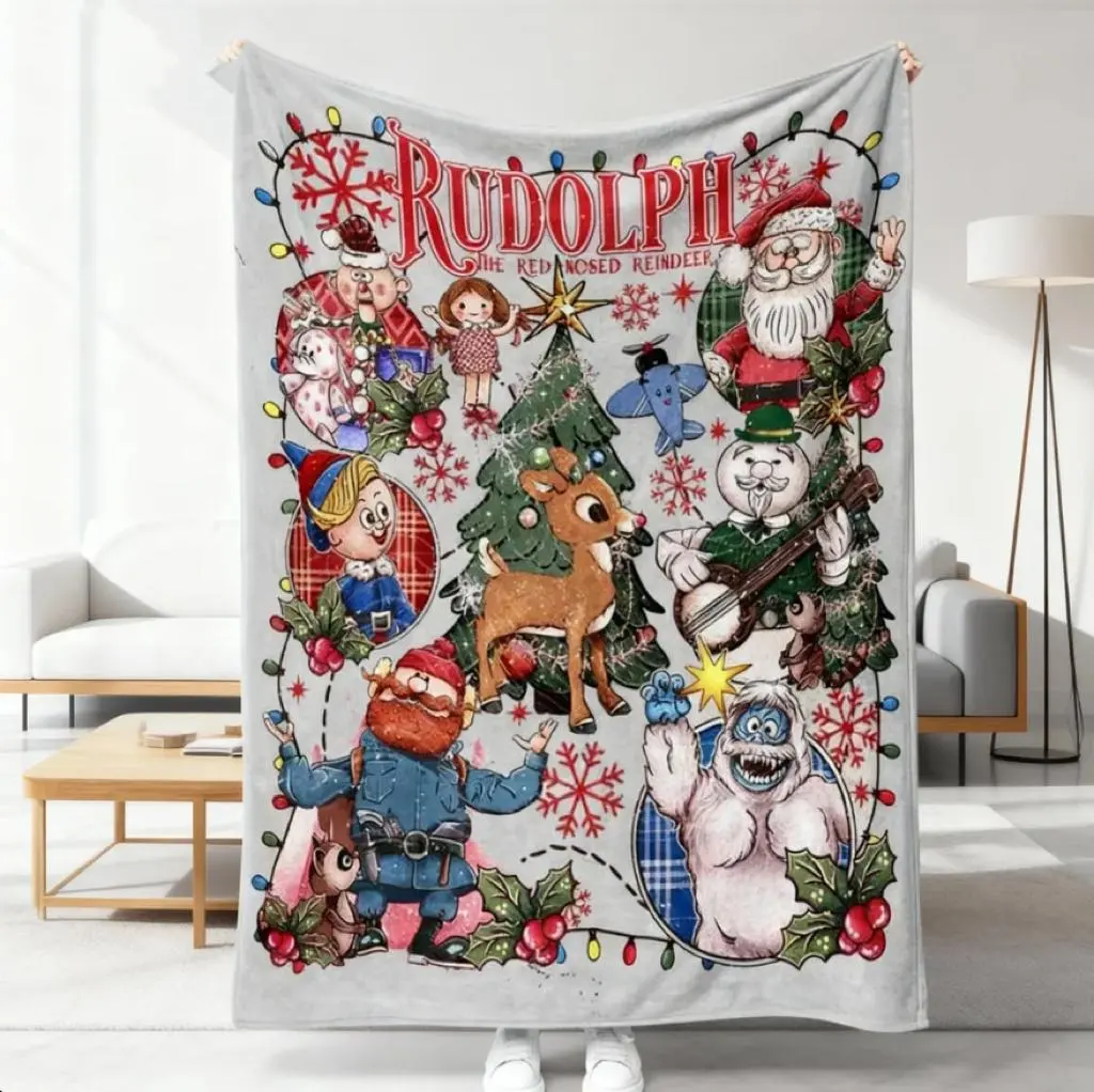 Rudolph the Red - Nosed Reindeer Christmas - Themed Blanket Sofa Binging Throw, AC Home Blanket, Outdoor Picnic Vibe For Christmas party decor, New Year gathering decor Ideal for Christmas, New Year, winter family movie nights