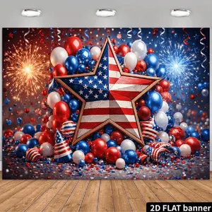 2D Flat Banner Polyester Photography Backdrop, Soft Lightweight Foldable HD Digitally Printed Patriotic Red White Blue Star Balloons Fireworks Background Cloth for Independence Day, 4th of July, Memorial Day, Veterans Day, Nationa