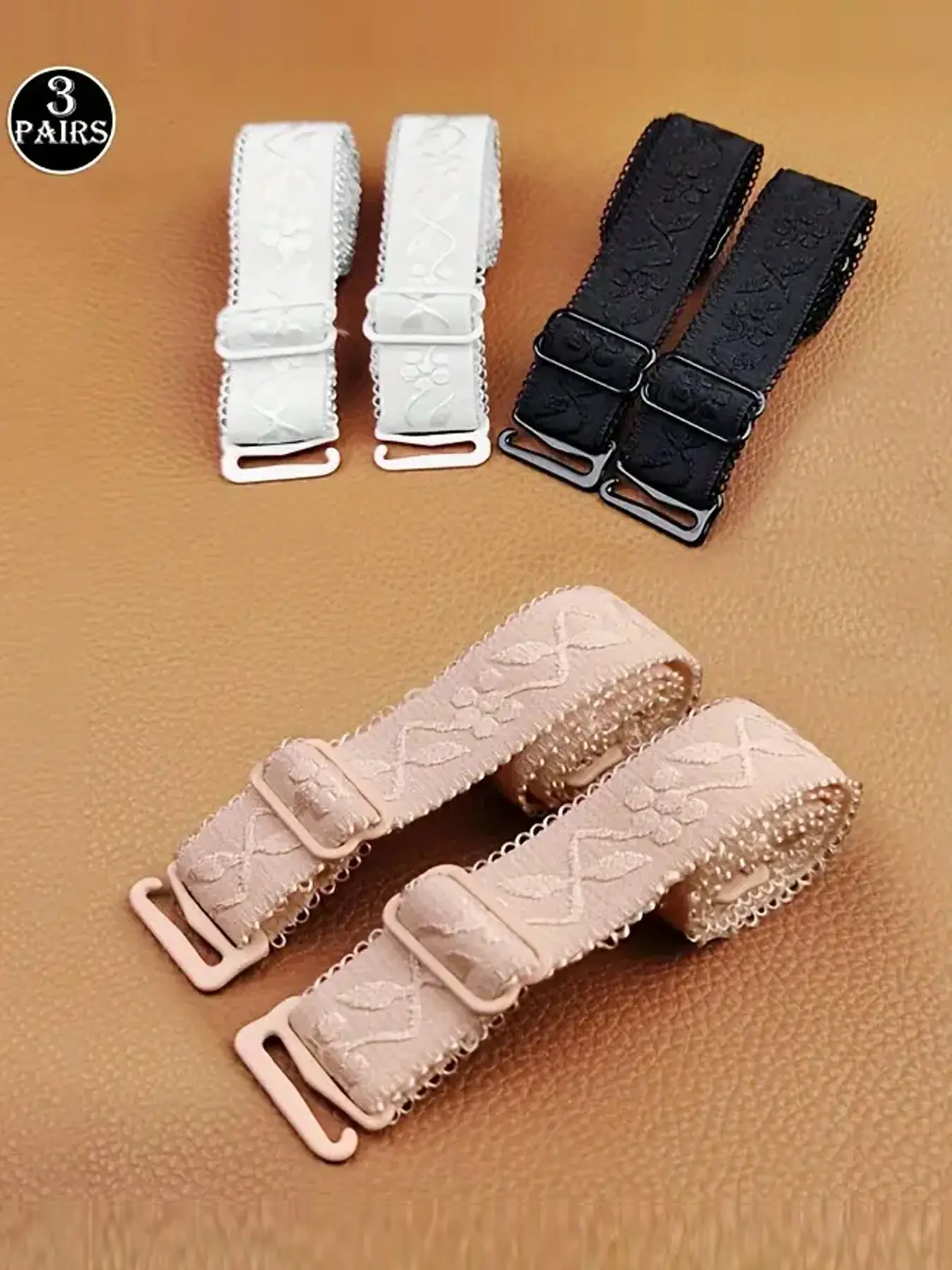 Adjustable Bra Straps Set of 6, Anti-Slip Knitted Polyester Embroidery, Pure Color, Elastic Shoulder Straps Replacement, Long Wide Design